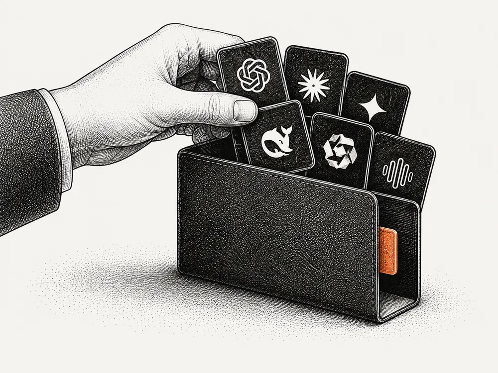 Une main gravée range des cartes de modèles dans un étui